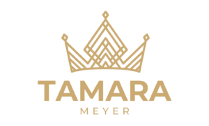 Logo, containing Golden 3 point crown, floating center above the words Tamara Meyer
